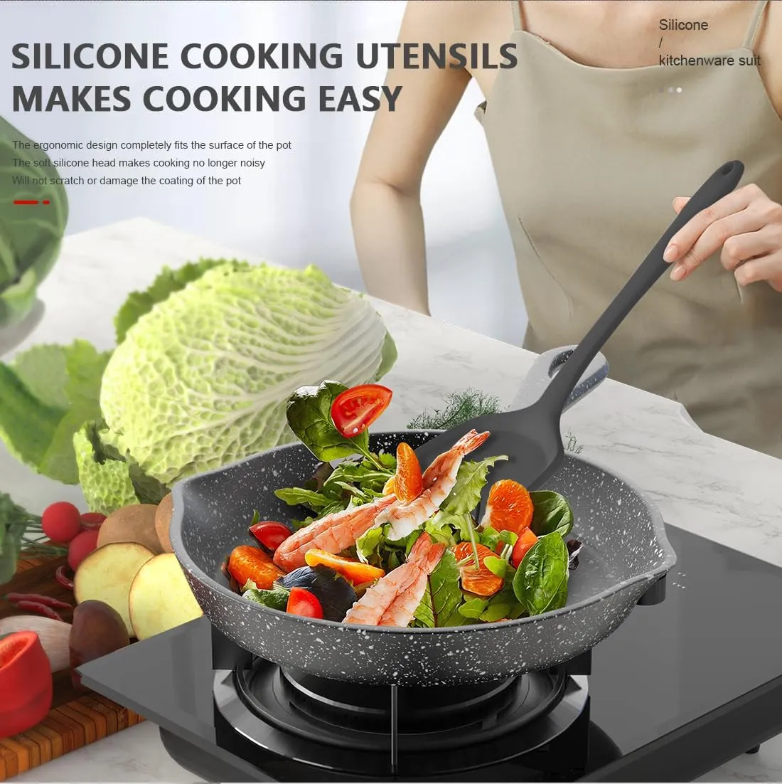 Silicone Cooking Utensils Set - 446°F Heat Resistant Kitchen Utensils,Spatula Sets,Turner Tongs,Spoon,Kitchen Utensil Gadgets Tools Set for Nonstick Cookware,Dishwasher Safe BPA Free (Grey)