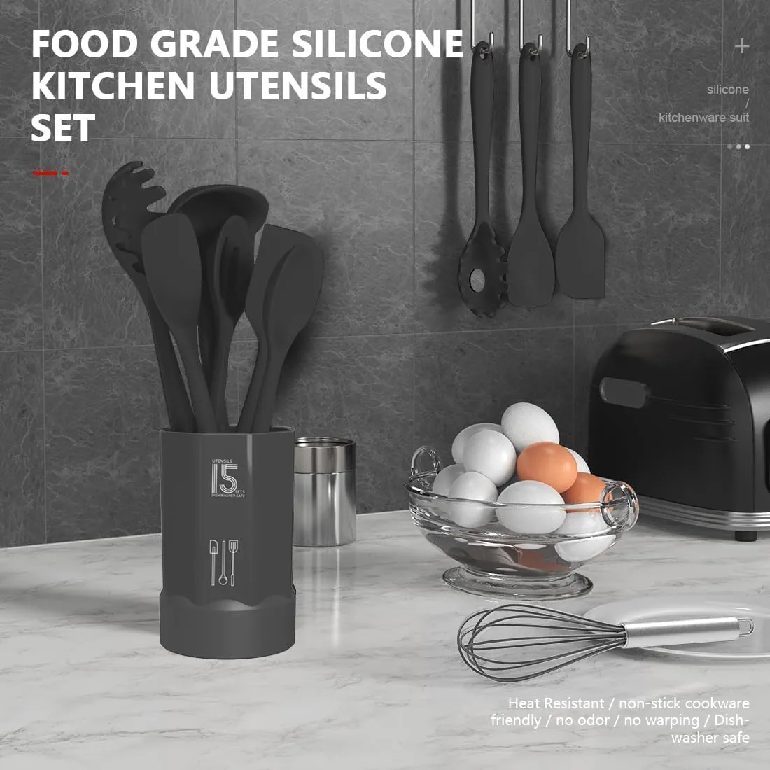 Silicone Cooking Utensils Set - 446°F Heat Resistant Kitchen Utensils,Spatula Sets,Turner Tongs,Spoon,Kitchen Utensil Gadgets Tools Set for Nonstick Cookware,Dishwasher Safe BPA Free (Grey)