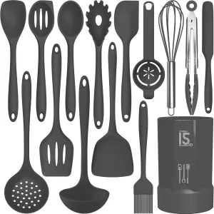 Silicone Cooking Utensils Set - 446°F Heat Resistant Kitchen Utensils,Spatula Sets,Turner Tongs,Spoon,Kitchen Utensil Gadgets Tools Set for Nonstick Cookware,Dishwasher Safe BPA Free (Grey)