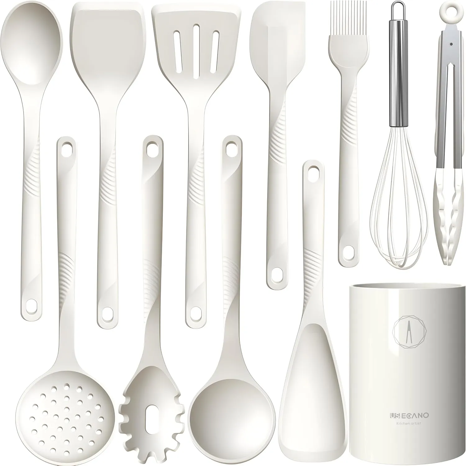 Silicone Cooking Utensils Set - 600°F Heat Resistant, Nonstick Kitchen Utensil Set with Spatulas, Spoons, Whisk, Tongs, BPA Free, Dishwasher Safe, Cream White