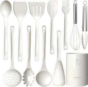 Silicone Cooking Utensils Set - 600°F Heat Resistant, Nonstick Kitchen Utensil Set with Spatulas, Spoons, Whisk, Tongs, BPA Free, Dishwasher Safe, Cream White