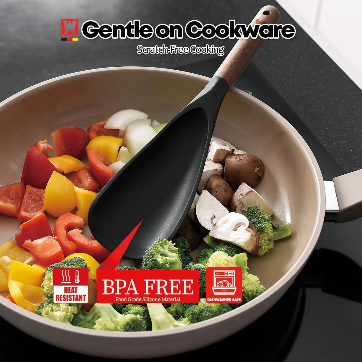 Silicone Head cooking & Serving Spoon   Slotted Spatula Set: Cookling Utensil with Long Wooden Handles, Heat Resistant Cookware, Protects Surfaces with Gentle Head Design