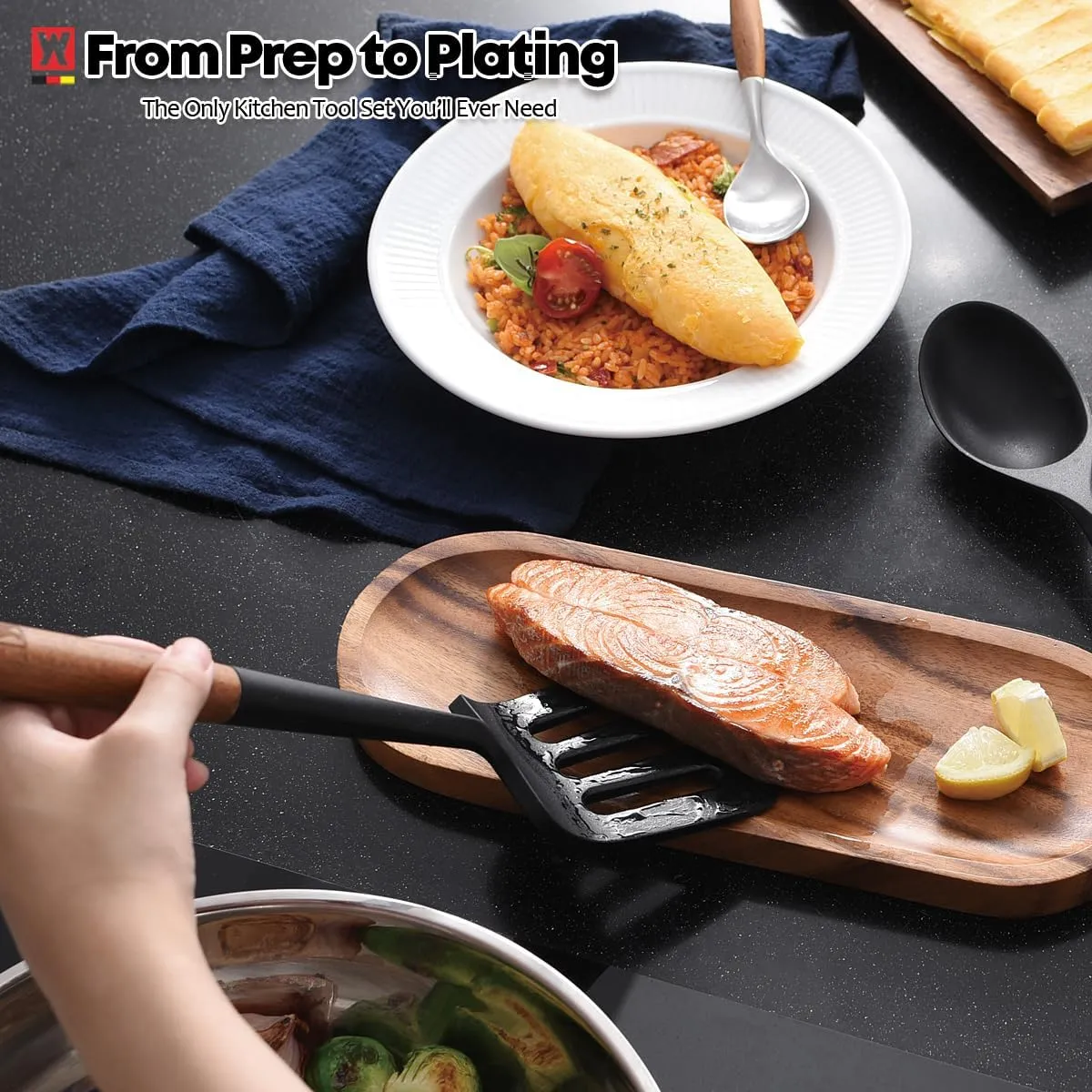 Silicone Head cooking & Serving Spoon   Slotted Spatula Set: Cookling Utensil with Long Wooden Handles, Heat Resistant Cookware, Protects Surfaces with Gentle Head Design