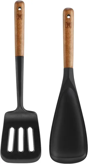 Silicone Head cooking & Serving Spoon   Slotted Spatula Set: Cookling Utensil with Long Wooden Handles, Heat Resistant Cookware, Protects Surfaces with Gentle Head Design