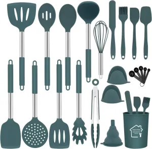Silicone Kitchen Cooking Utensils Set with Holder,23 Pcs Heat Resistant Kitchen Utensil Set,BPA Free Kitchen Utensils Spatula Set,Nonstick Cookware with Stainless Steel Handle - Green(Dishwasher Safe)