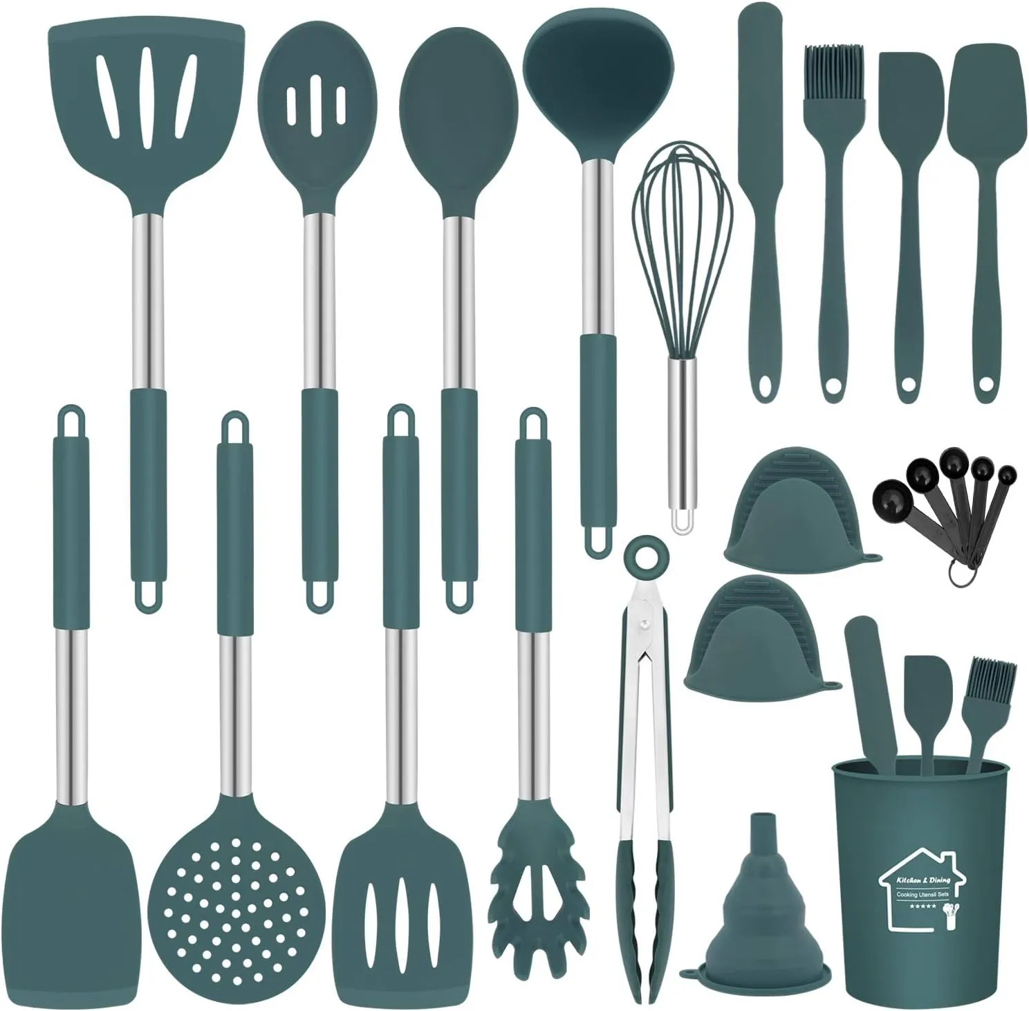 Silicone Kitchen Cooking Utensils Set with Holder,23 Pcs Heat Resistant Kitchen Utensil Set,BPA Free Kitchen Utensils Spatula Set,Nonstick Cookware with Stainless Steel Handle - Green(Dishwasher Safe)
