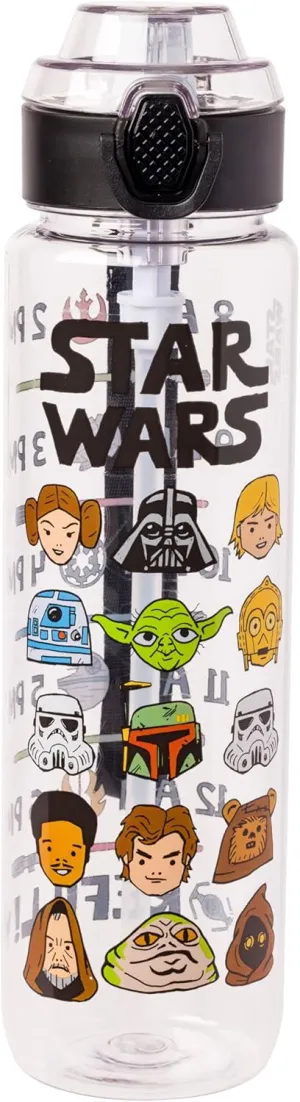 Silver Buffalo Star Wars Cartoon Characters Plastic Water Bottle with Locking Lid and Strap, 33 Ounces