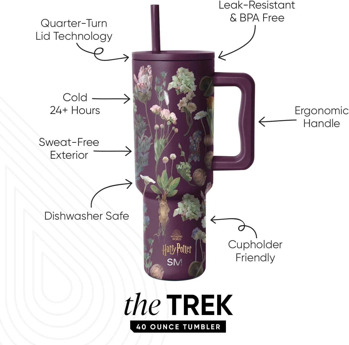 Simple Modern Harry Potter 40 oz Tumbler with Handle and Straw Lid | Insulated Reusable Stainless Steel Water Bottle Travel Mug | Gift for Women Men Him Her | Trek Collection | 40oz | Herbology