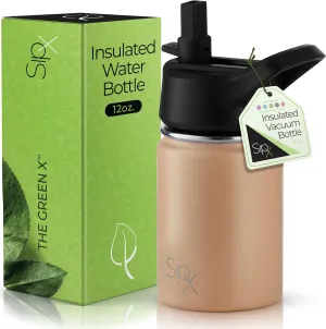 SIPX™ Insulated Kids Water Bottles 12oz. With Straw Lid, BPA-Free Reusable Insulated Toddler Water Bottle Keeps Cold 24 Hours, Metal Water Bottle Kids Made Of Sustainable Material (Brown)