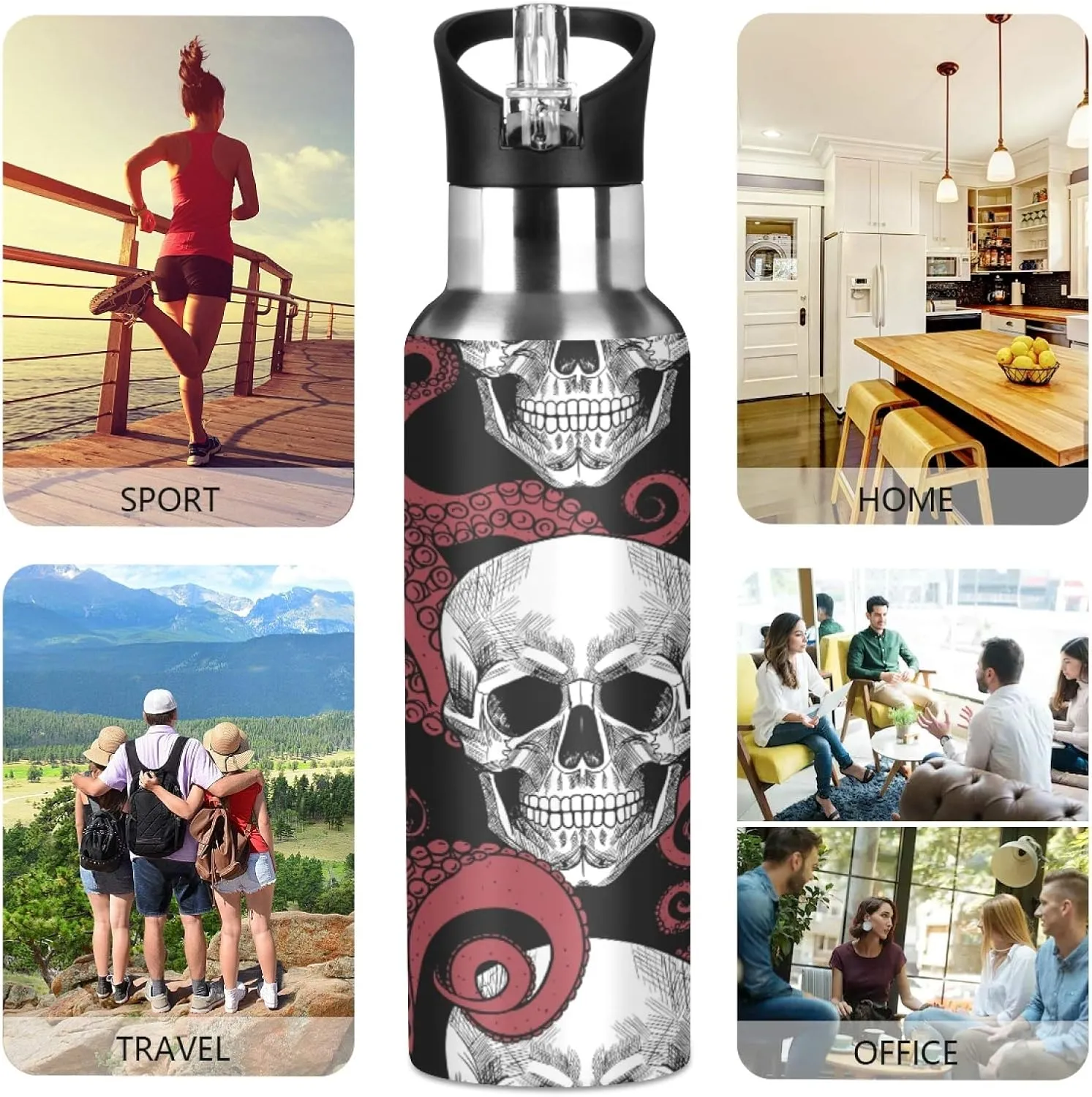 Skull Sea Octopus Tentacle Nautical Sport Water Bottle with Straw, Vacuum Insulated Stainless Steel Thermal Flask Leakproof BPA Free Drinking Bottle for Gym Fitness Camping-20oz/600ml