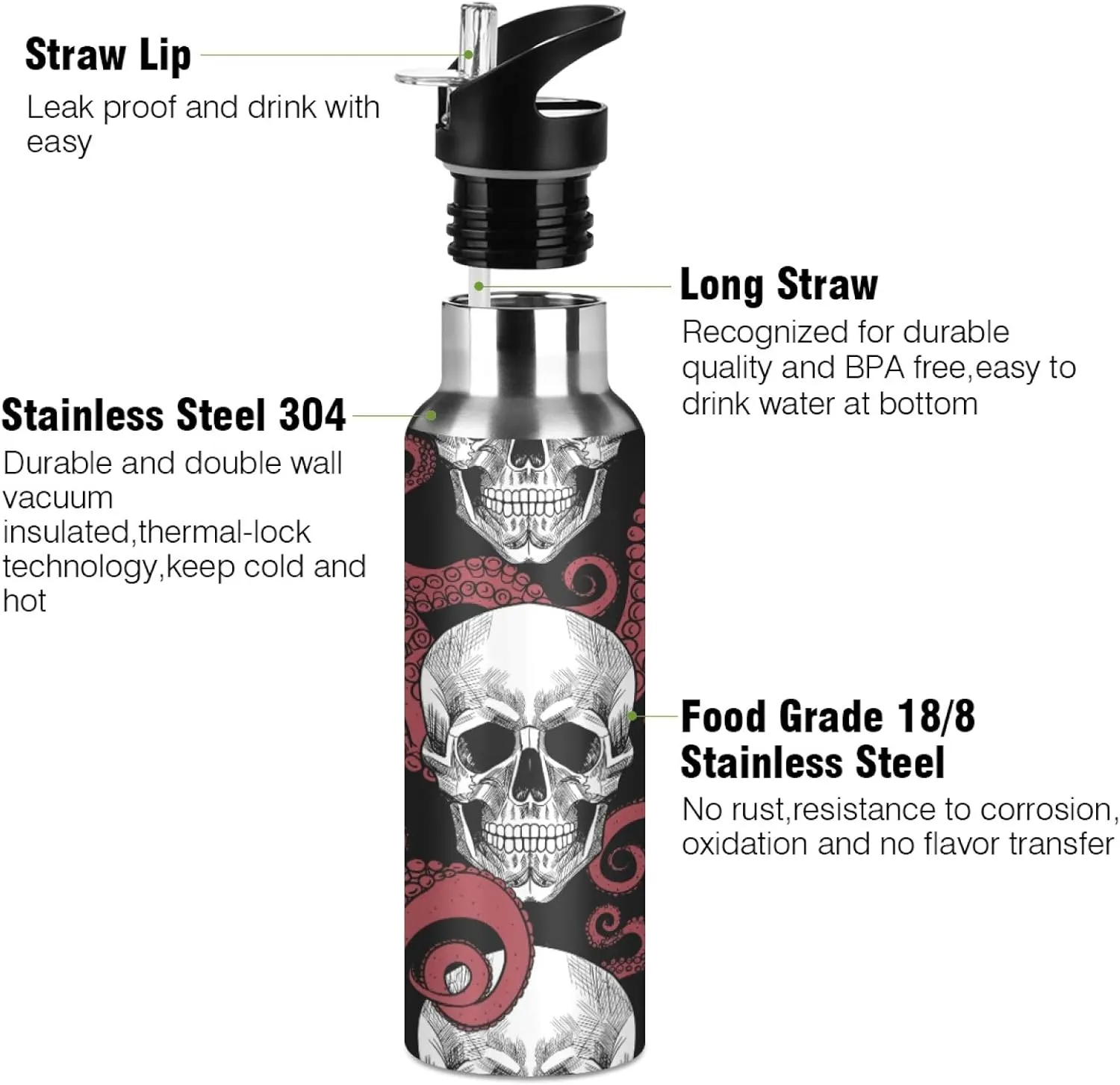 Skull Sea Octopus Tentacle Nautical Sport Water Bottle with Straw, Vacuum Insulated Stainless Steel Thermal Flask Leakproof BPA Free Drinking Bottle for Gym Fitness Camping-20oz/600ml