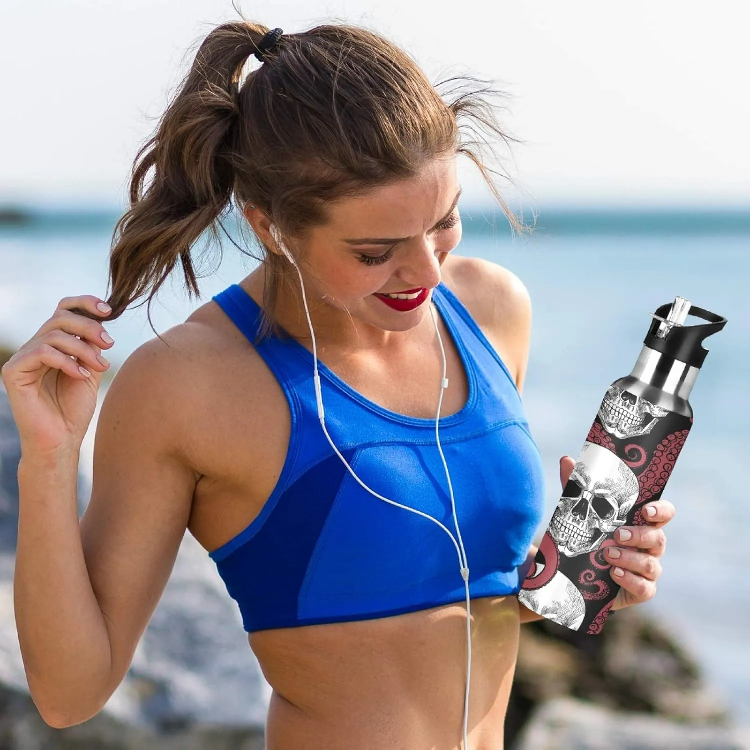 Skull Sea Octopus Tentacle Nautical Sport Water Bottle with Straw, Vacuum Insulated Stainless Steel Thermal Flask Leakproof BPA Free Drinking Bottle for Gym Fitness Camping-20oz/600ml