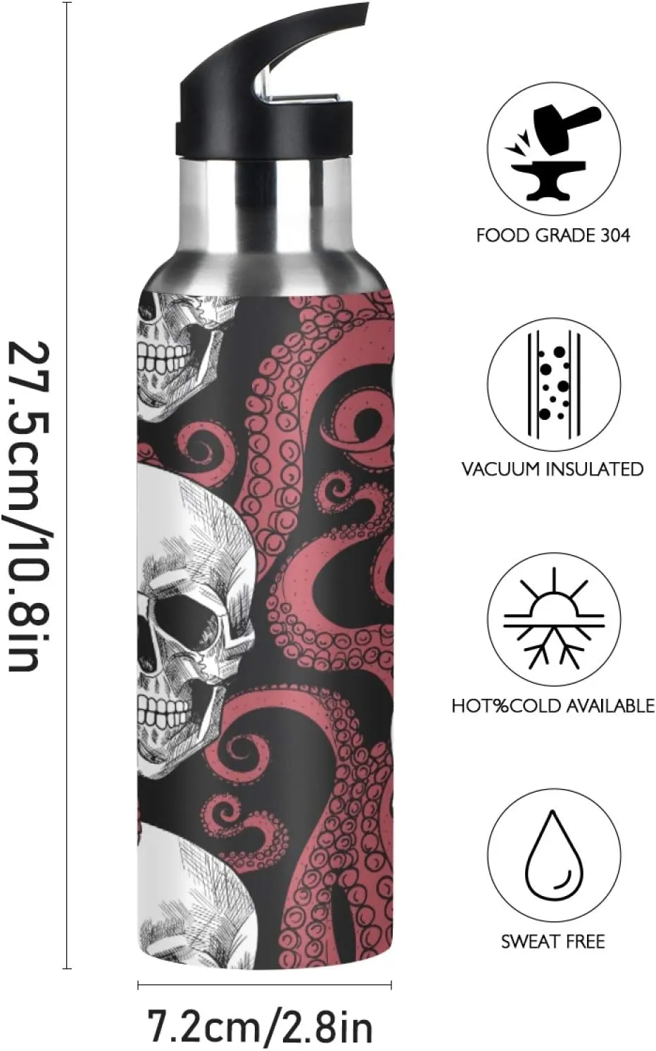 Skull Sea Octopus Tentacle Nautical Sport Water Bottle with Straw, Vacuum Insulated Stainless Steel Thermal Flask Leakproof BPA Free Drinking Bottle for Gym Fitness Camping-20oz/600ml