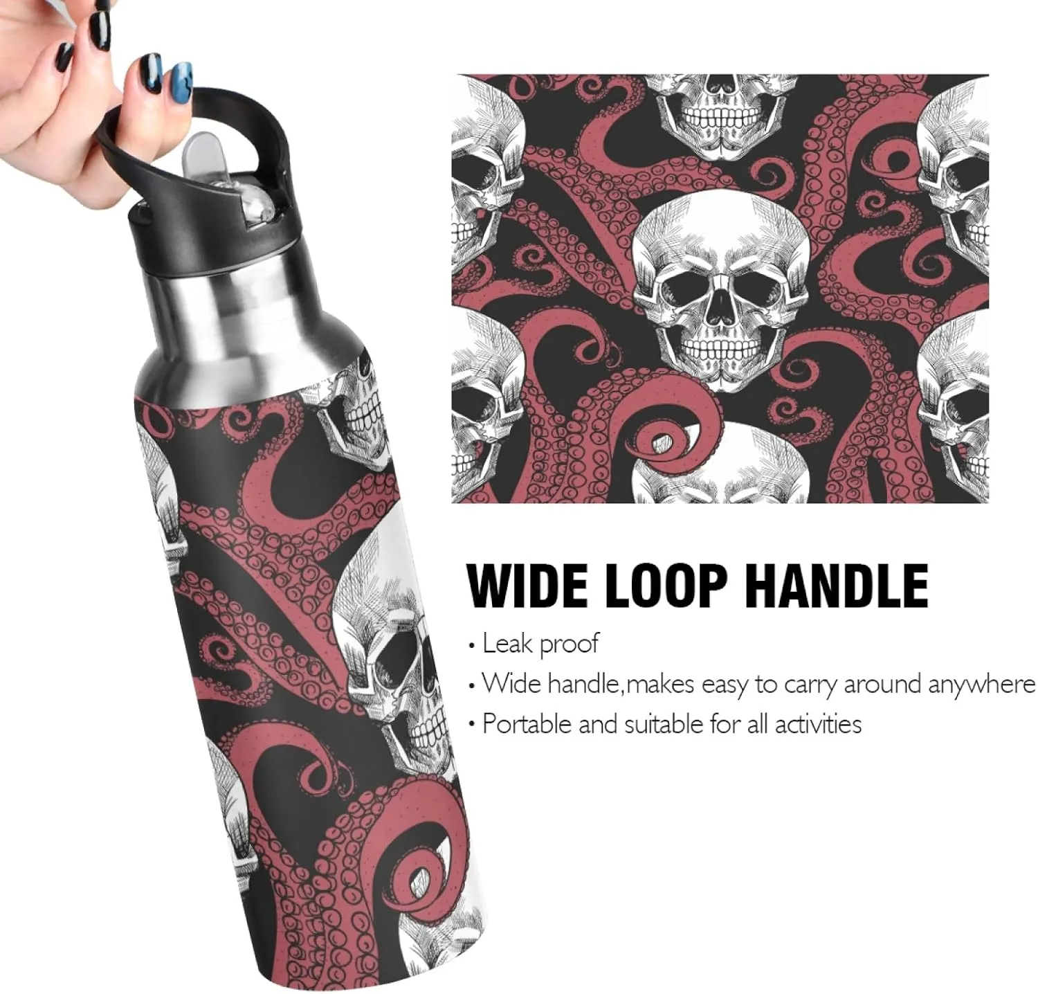 Skull Sea Octopus Tentacle Nautical Sport Water Bottle with Straw, Vacuum Insulated Stainless Steel Thermal Flask Leakproof BPA Free Drinking Bottle for Gym Fitness Camping-20oz/600ml