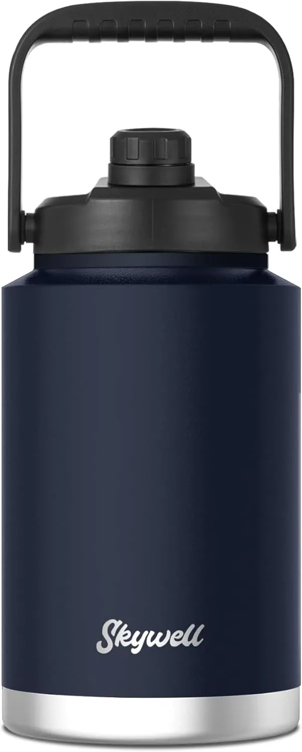 SkyWell 1 Gallon Insulated Water Bottle with Handle and Wide Mouth Water Flask Sweat-Proof and Leak-Proof 128 Oz Stainless Steel Water Jug for Outdoors, Navy