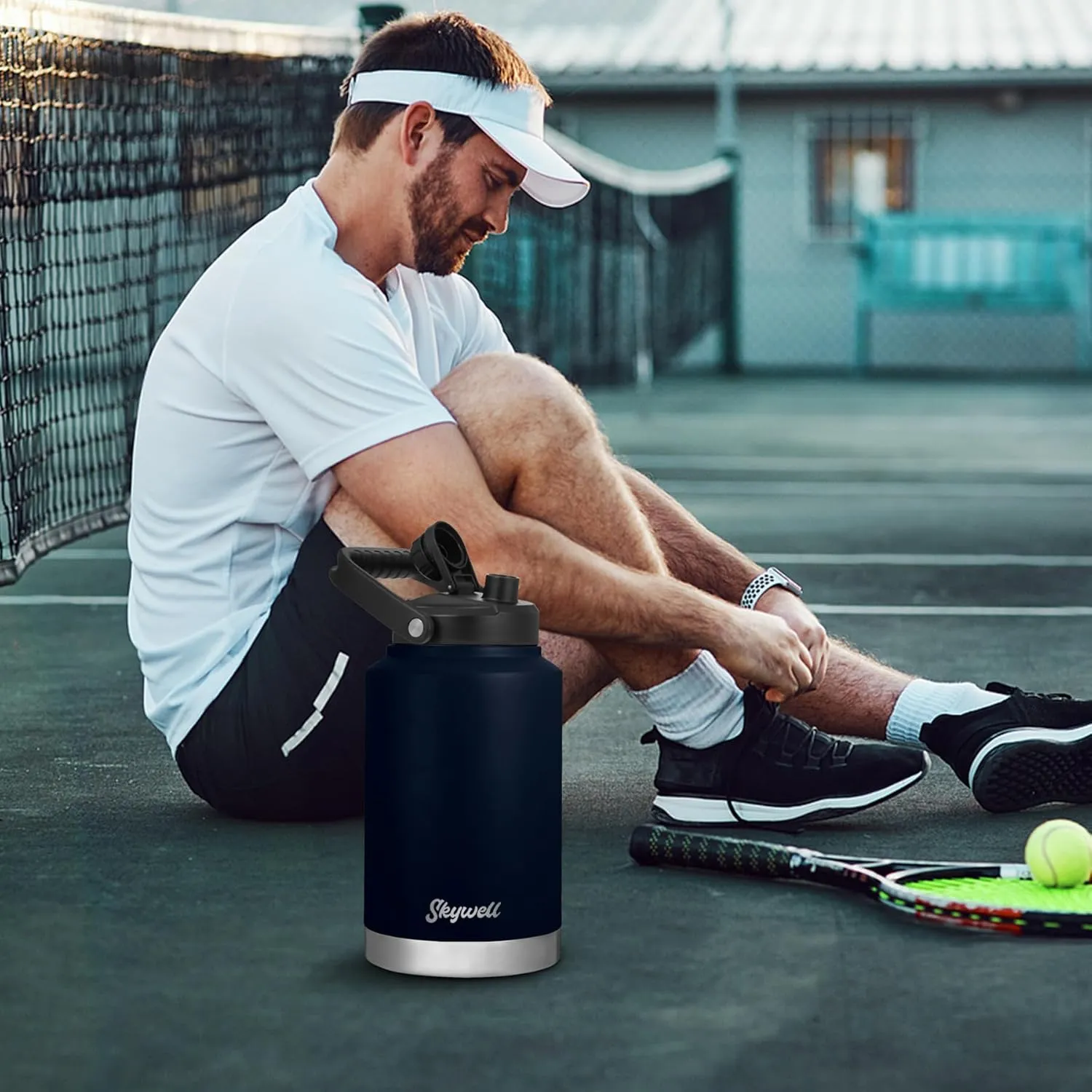 SkyWell 1 Gallon Insulated Water Bottle with Handle and Wide Mouth Water Flask Sweat-Proof and Leak-Proof 128 Oz Stainless Steel Water Jug for Outdoors, Navy