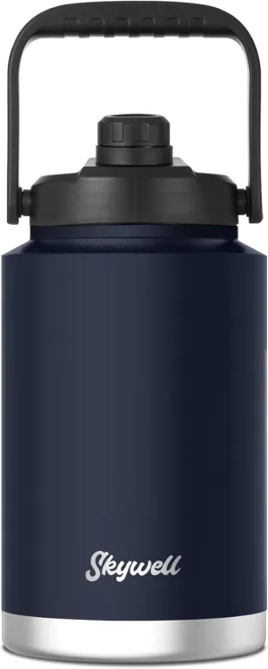 SkyWell 1 Gallon Insulated Water Bottle with Handle and Wide Mouth Water Flask Sweat-Proof and Leak-Proof 128 Oz Stainless Steel Water Jug for Outdoors, Navy