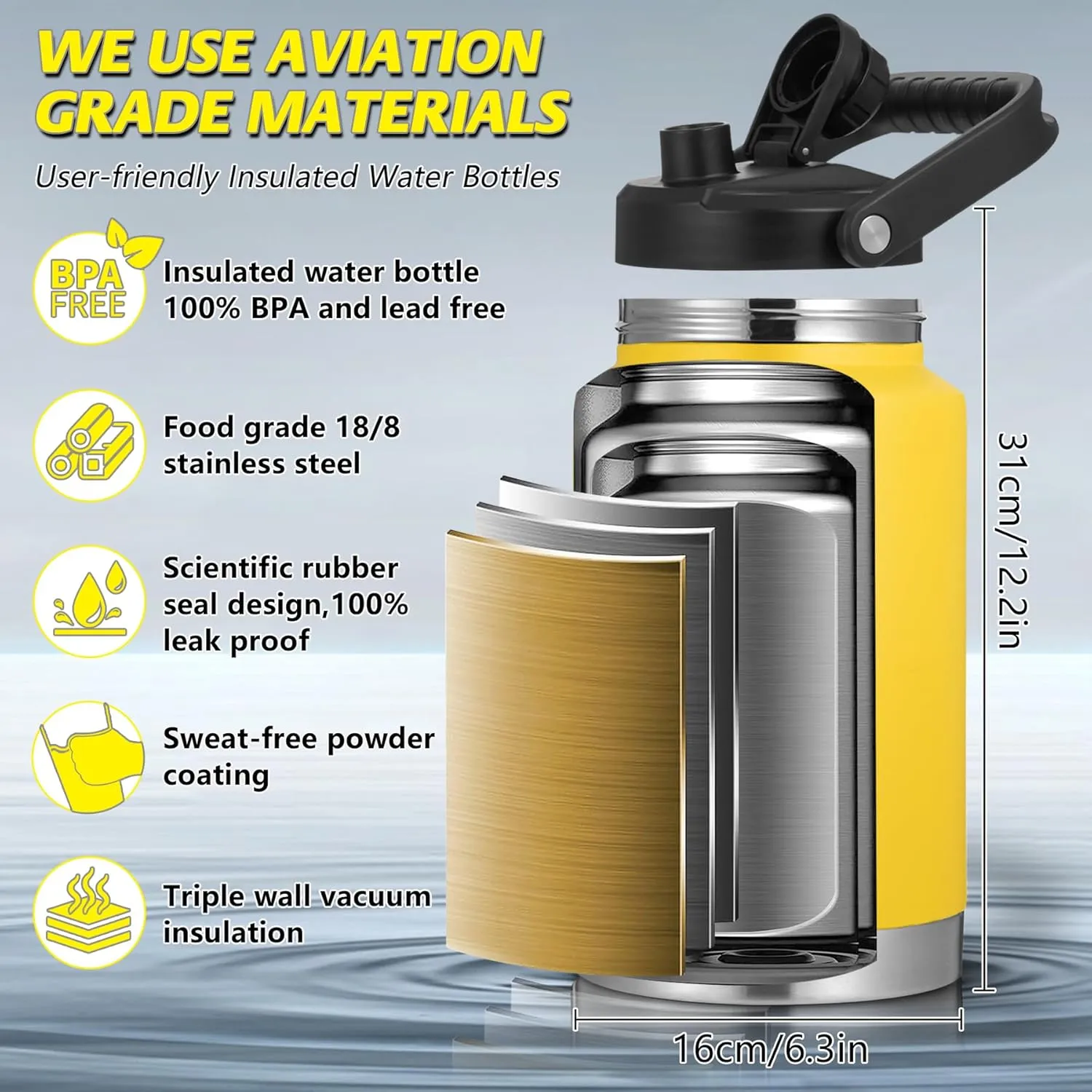 SkyWell 1 Gallon Insulated Water Bottle with Handle and Wide Mouth Water Flask Sweat-Proof and Leak-Proof 128 Oz Stainless Steel Water Jug for Outdoors, Yellowstone