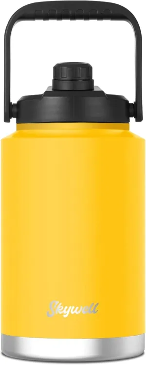 SkyWell 1 Gallon Insulated Water Bottle with Handle and Wide Mouth Water Flask Sweat-Proof and Leak-Proof 128 Oz Stainless Steel Water Jug for Outdoors, Yellowstone