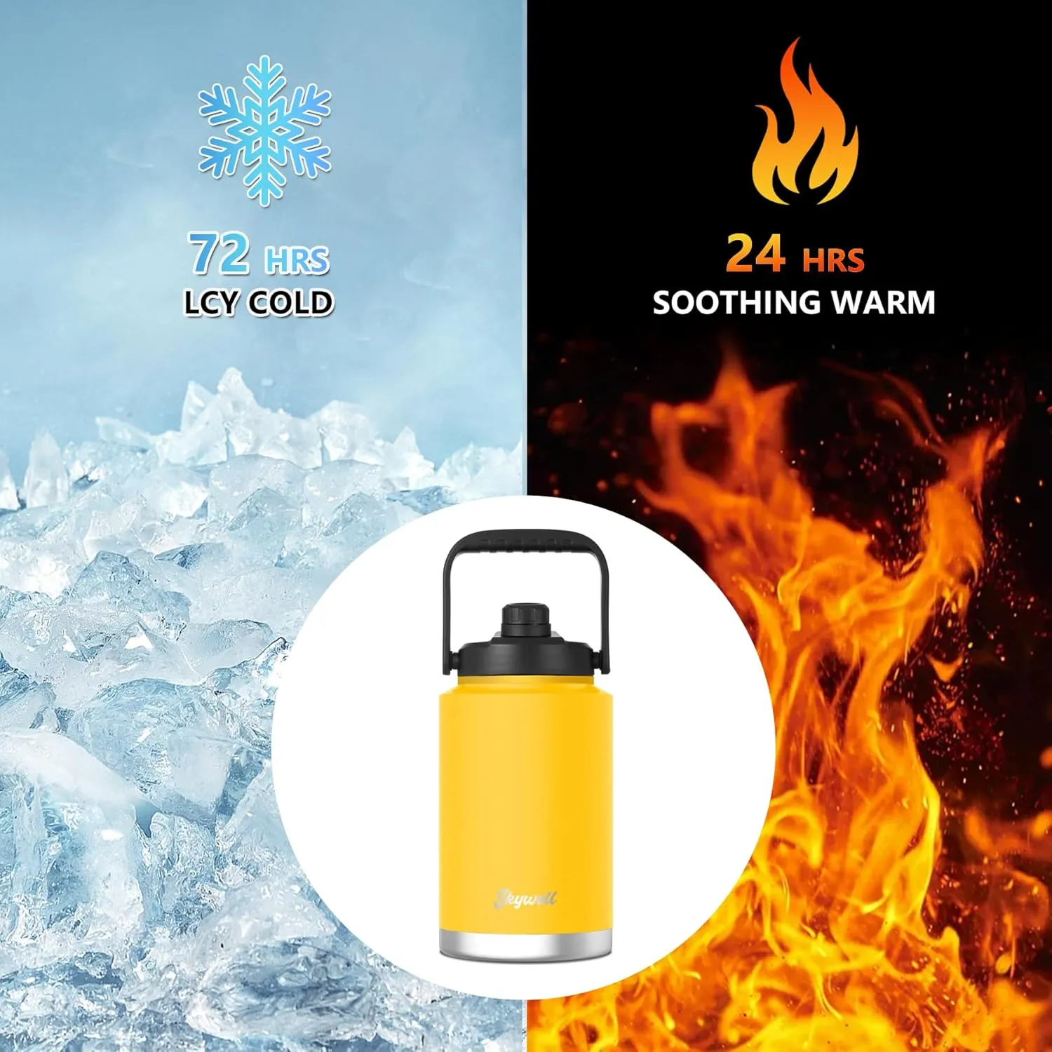 SkyWell 1 Gallon Insulated Water Bottle with Handle and Wide Mouth Water Flask Sweat-Proof and Leak-Proof 128 Oz Stainless Steel Water Jug for Outdoors, Yellowstone