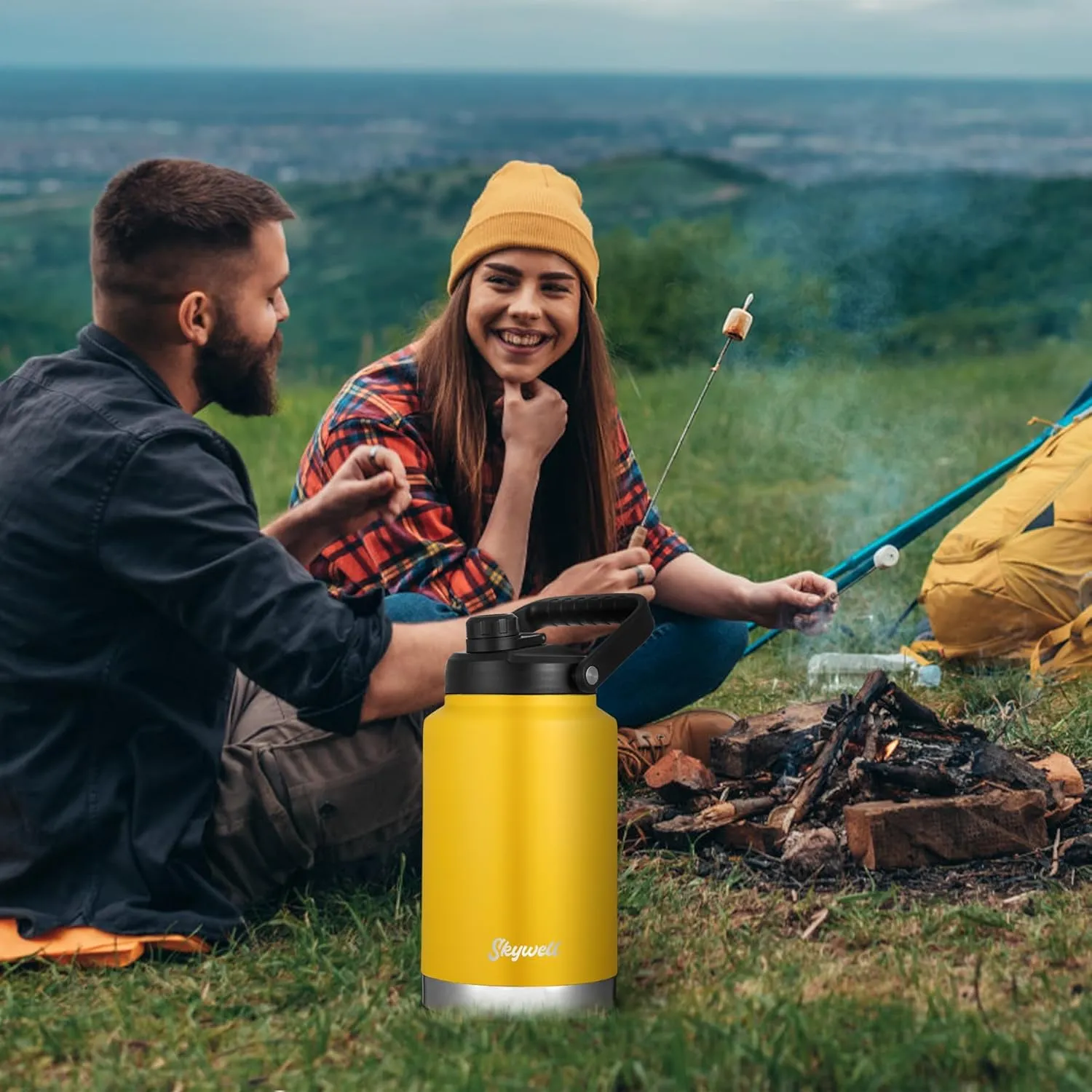 SkyWell 1 Gallon Insulated Water Bottle with Handle and Wide Mouth Water Flask Sweat-Proof and Leak-Proof 128 Oz Stainless Steel Water Jug for Outdoors, Yellowstone