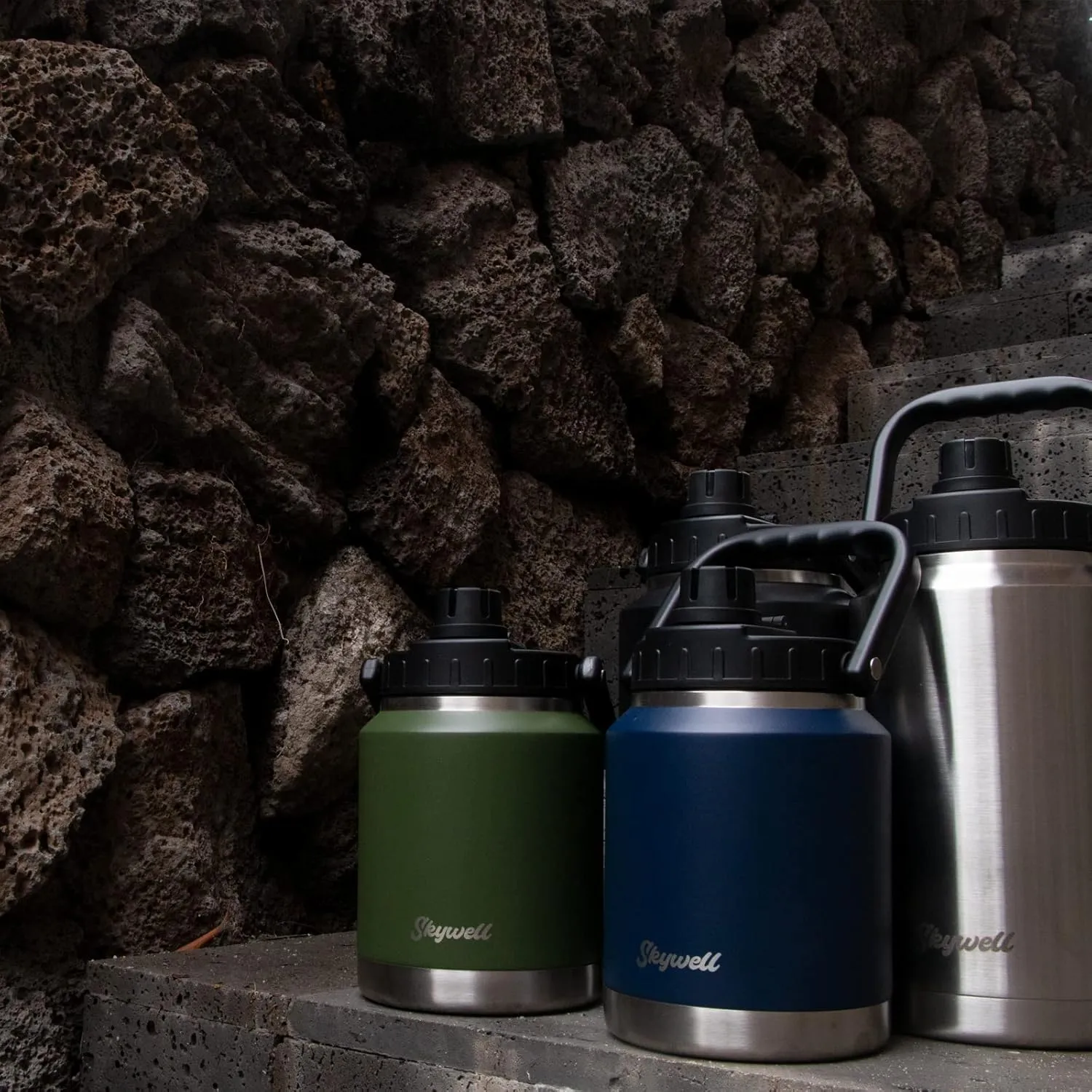 SkyWell 1 Gallon Insulated Water Bottle with Handle and Wide Mouth Water Flask Sweat-Proof and Leak-Proof 128 Oz Stainless Steel Water Jug for Outdoors, Yellowstone