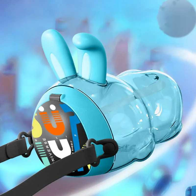 SLATOINDIA Cute Rabbit Water Bottle Ear Make Sounds with Children Strap and Straw (Random Colors)
