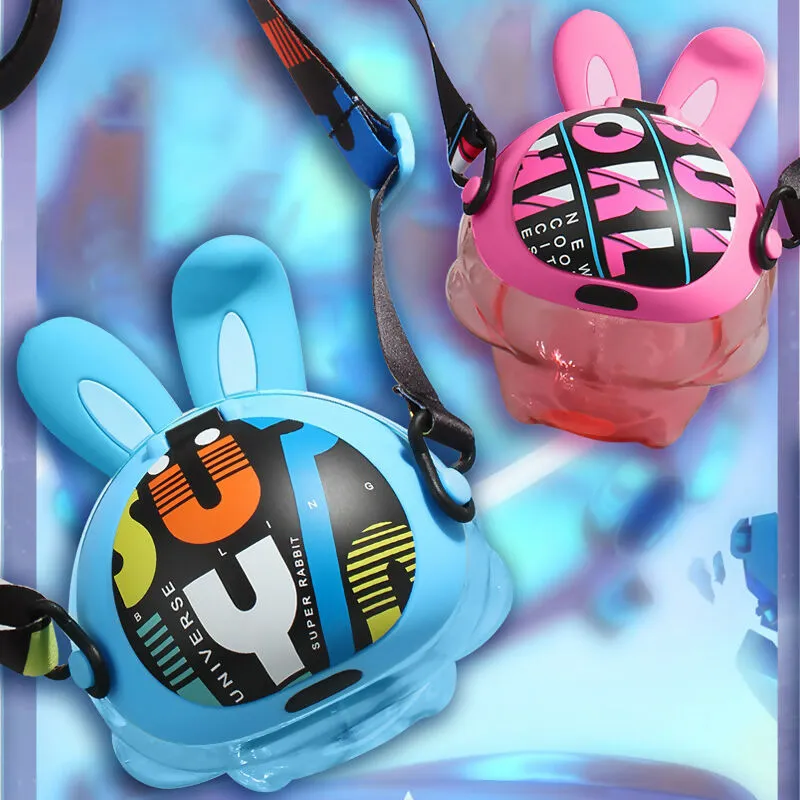 SLATOINDIA Cute Rabbit Water Bottle Ear Make Sounds with Children Strap and Straw (Random Colors)