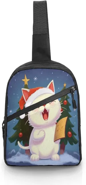 Sling Bag Crossbody Backpack,Cute Cat Sing Christmas Carols Print Chest Bag,Crossbody Bags Fanny Pack Chest Bag