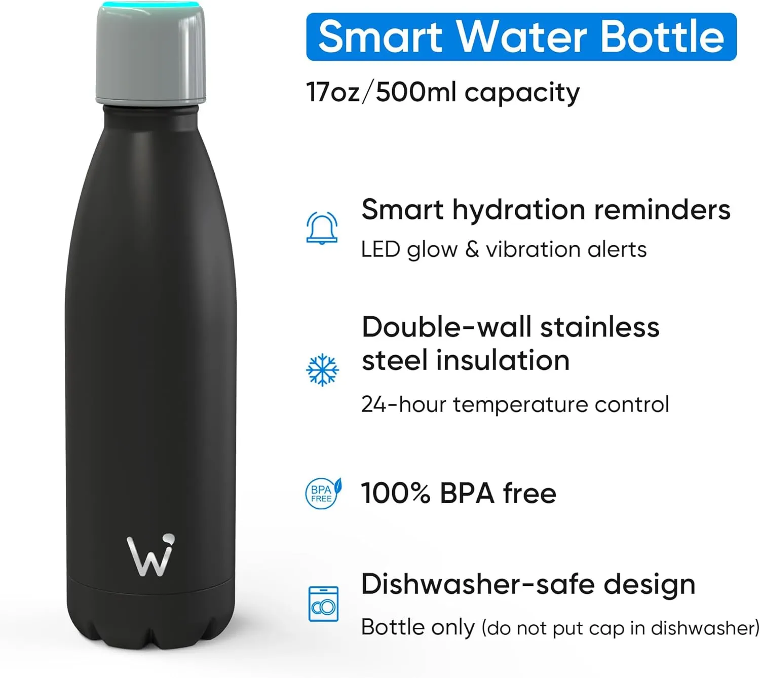 Smart Water Bottle - Stay Motivated to Drink More, Track Water Intake with Color Changing LED Reminder & Bluetooth Free App. Insulated Stainless Steel, BPA-Free 17oz.