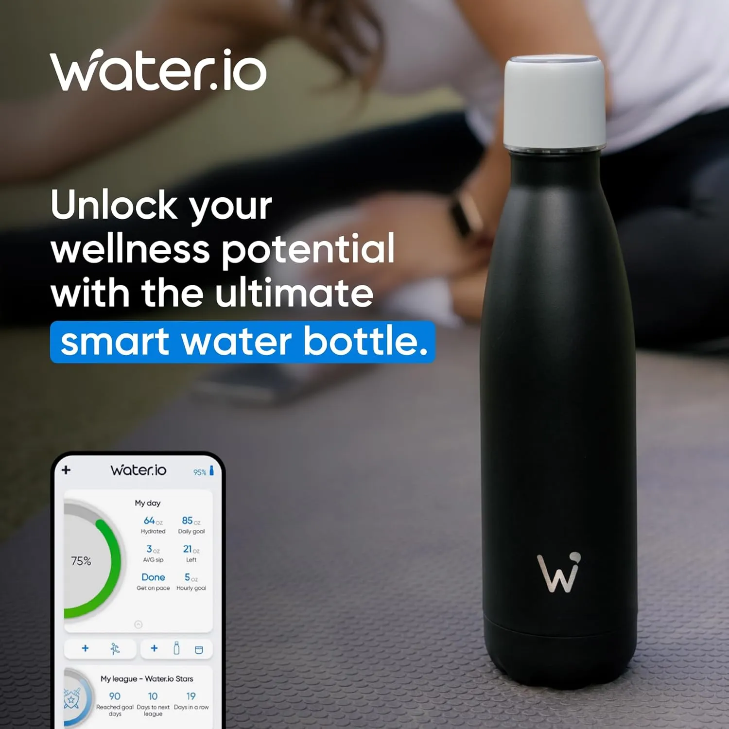 Smart Water Bottle - Stay Motivated to Drink More, Track Water Intake with Color Changing LED Reminder & Bluetooth Free App. Insulated Stainless Steel, BPA-Free 17oz.