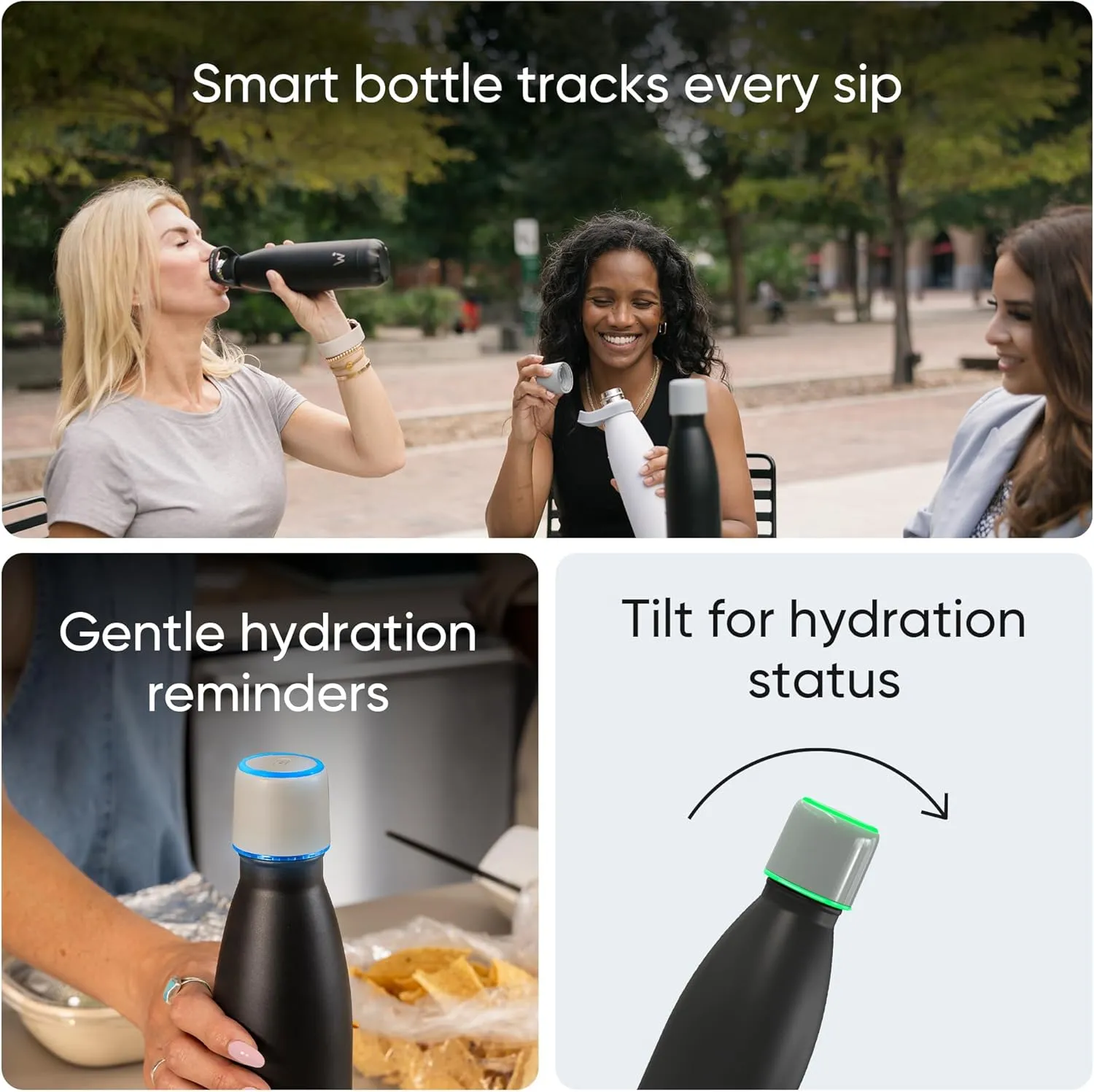 Smart Water Bottle - Stay Motivated to Drink More, Track Water Intake with Color Changing LED Reminder & Bluetooth Free App. Insulated Stainless Steel, BPA-Free 17oz.