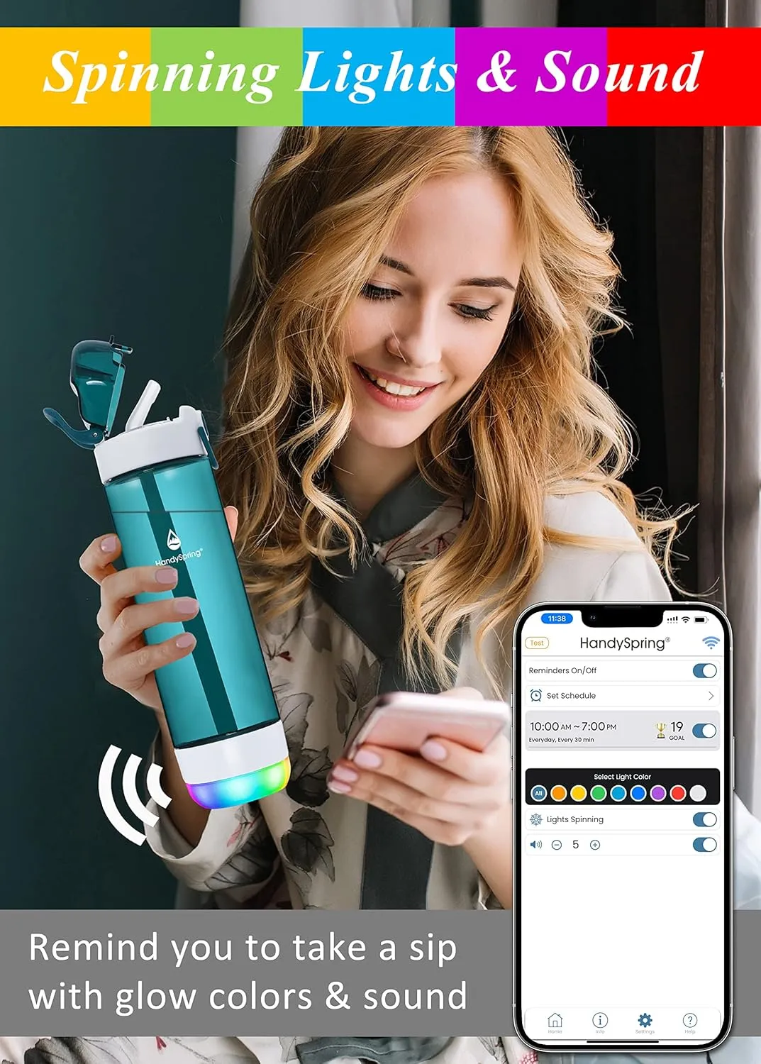 Smart Water Bottle with Reminder To Drink Water, Lights And Sound, Water Intake Tracker, Rechargeable, Tritan Plastic w/Straw, Gifts For Women, Men, Mom, Dad, Her, Him 26 Oz(GREEN)