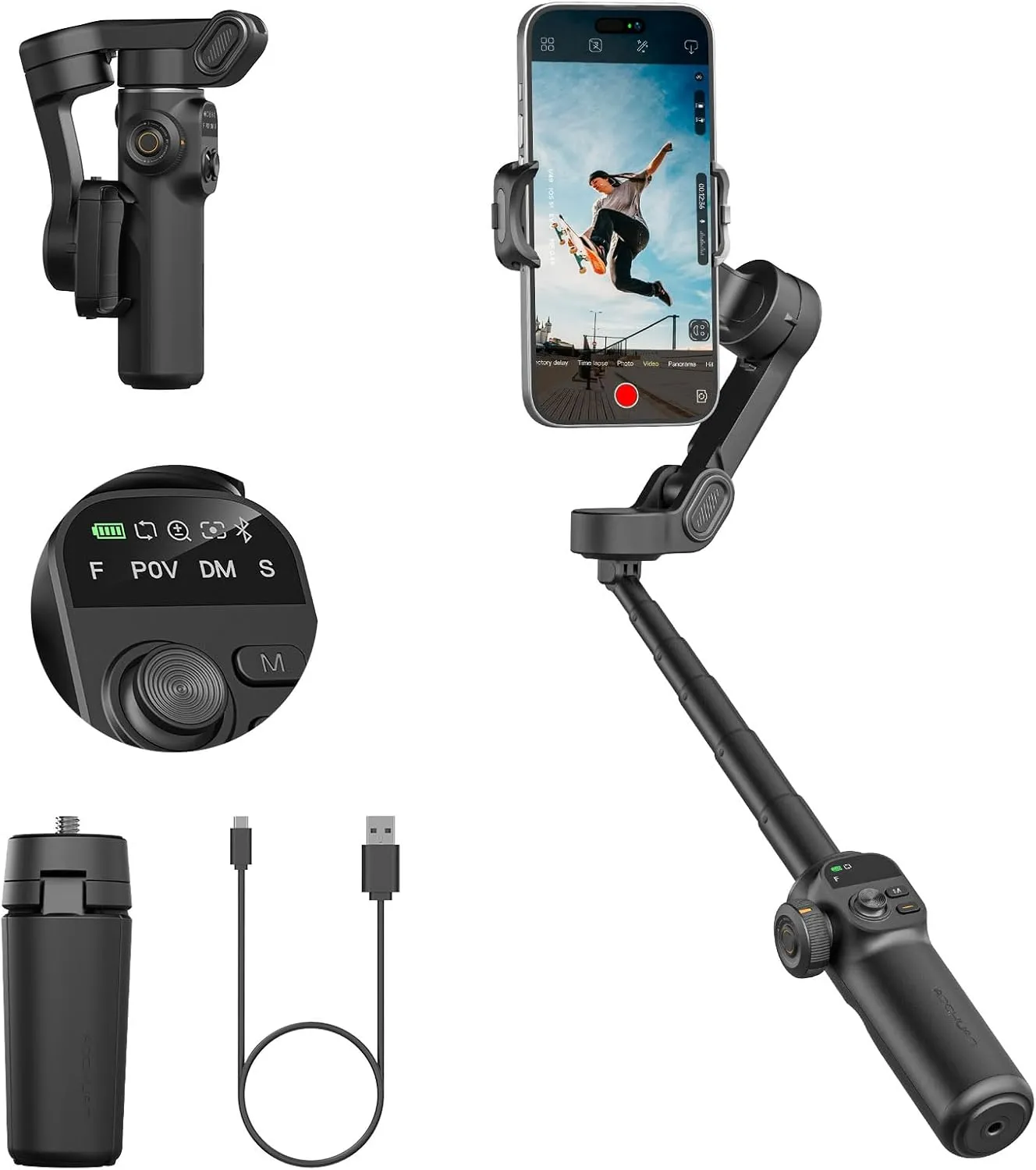Smart X2 Gimbal Stabilizer, 3-axis Smartphone Gimbal Built-in 20cm Extension Rod, Portable Smart Tripod w/OLED Screen, 360°Rotation Tracking Shooting, Video Recording, Black
