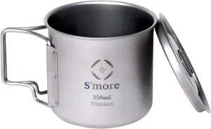 S'more Titanium Mug Camping Cup with Foldable Handle and Lid Lightweight Titanium Pot for Camping Coffee Mug Hiking Backpacking Cup -11.8oz/350ml