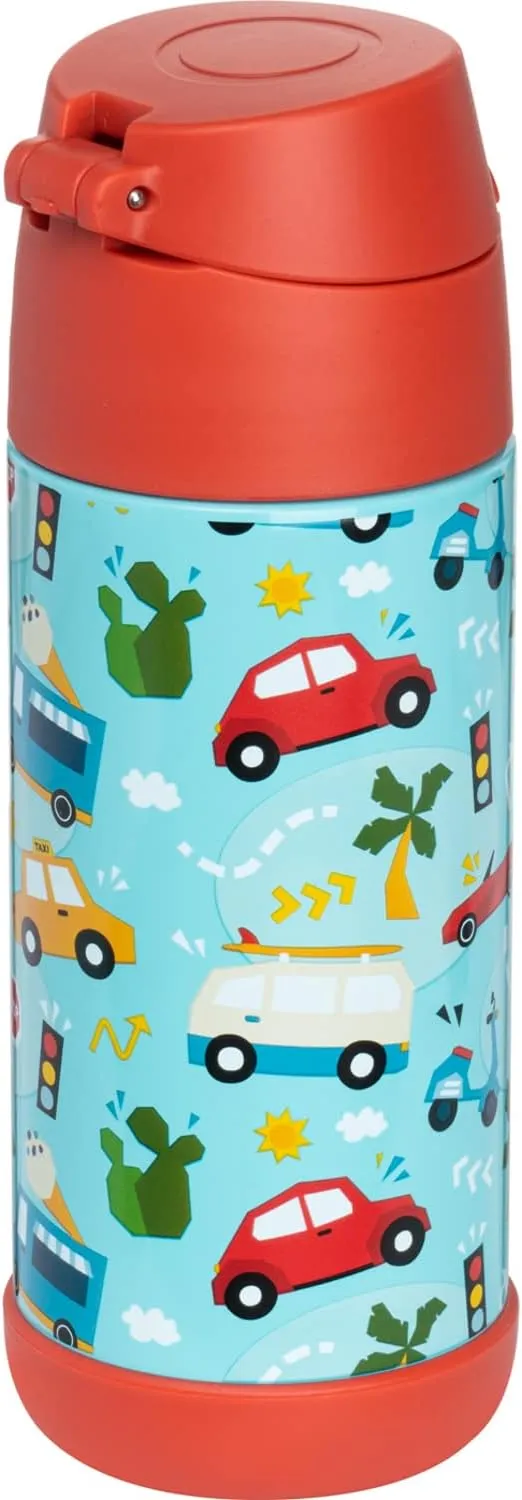 Snug Kids Water Bottle - insulated stainless steel thermos with straw (Girls/Boys) - Cars, 12oz