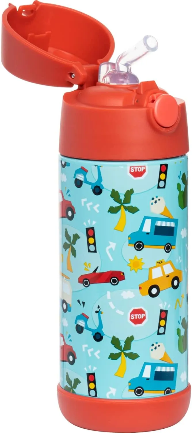 Snug Kids Water Bottle - insulated stainless steel thermos with straw (Girls/Boys) - Cars, 12oz