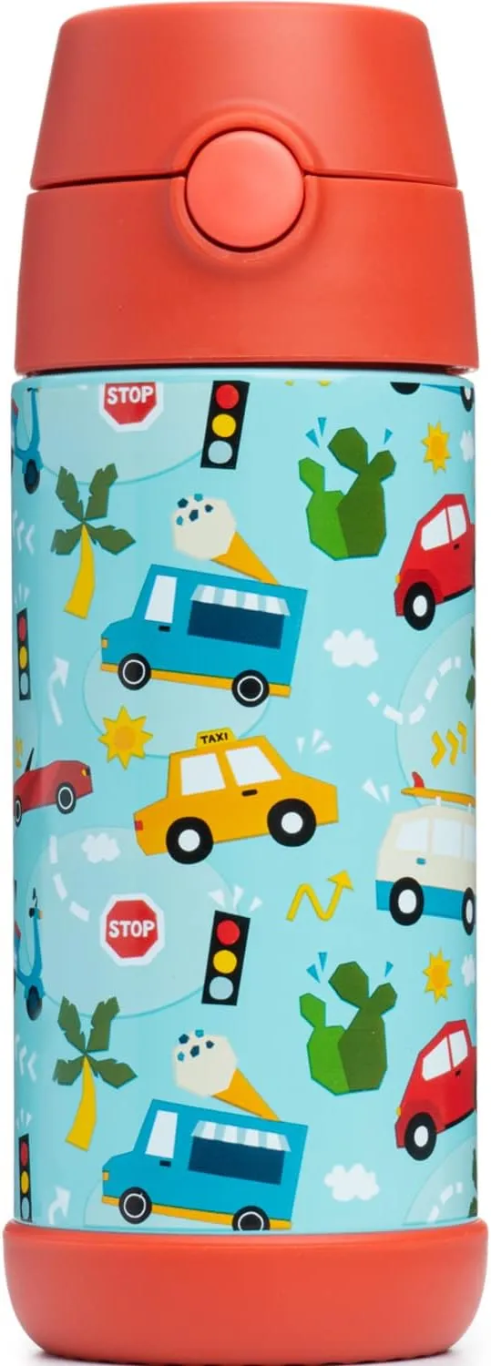 Snug Kids Water Bottle - insulated stainless steel thermos with straw (Girls/Boys) - Cars, 12oz