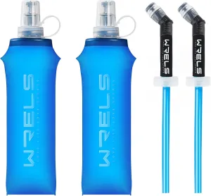 Soft Flasks Running Water Flask Folding Soft Water Bottles Small for Outdoor Sports Hiking Hydration Pack 5oz/8oz/17oz(BLUE,17oz*2 Straw*2)