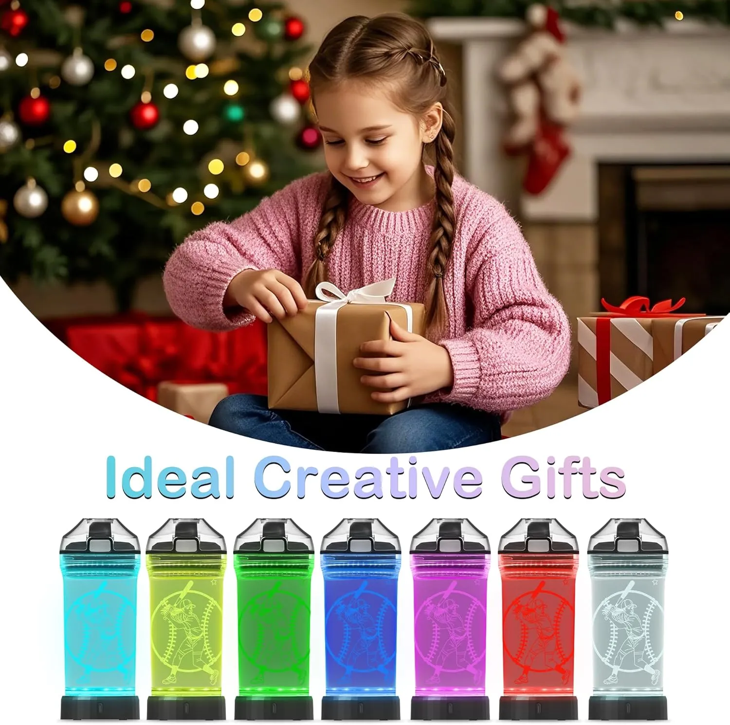 Softball Gifts for Girls,Light Up Kids Water Bottle,Softball Accessories for Girls Sport Cup with 3D Glowing LED Light - 14 OZ Tritan BPA-Free - Gifts for School, Camping, and Holidays