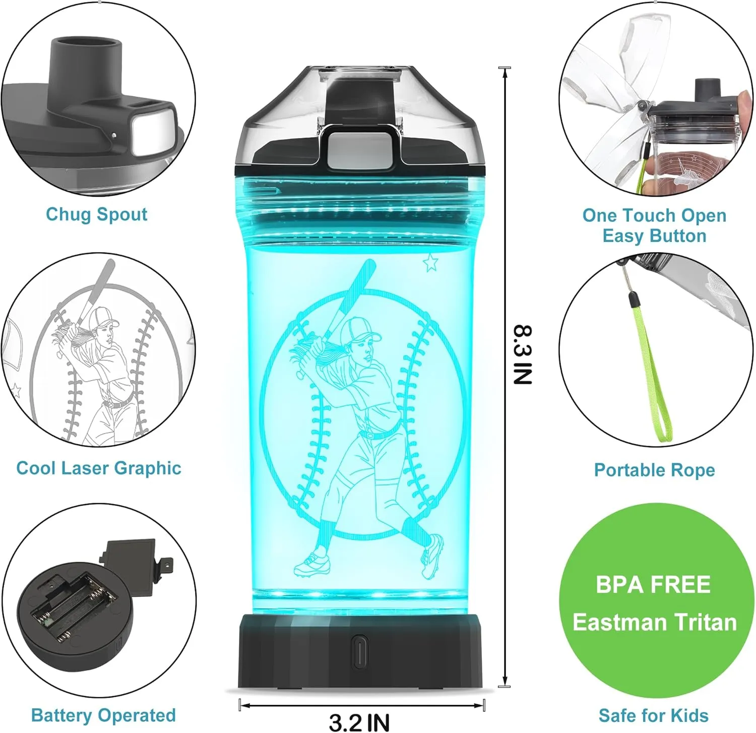 Softball Gifts for Girls,Light Up Kids Water Bottle,Softball Accessories for Girls Sport Cup with 3D Glowing LED Light - 14 OZ Tritan BPA-Free - Gifts for School, Camping, and Holidays