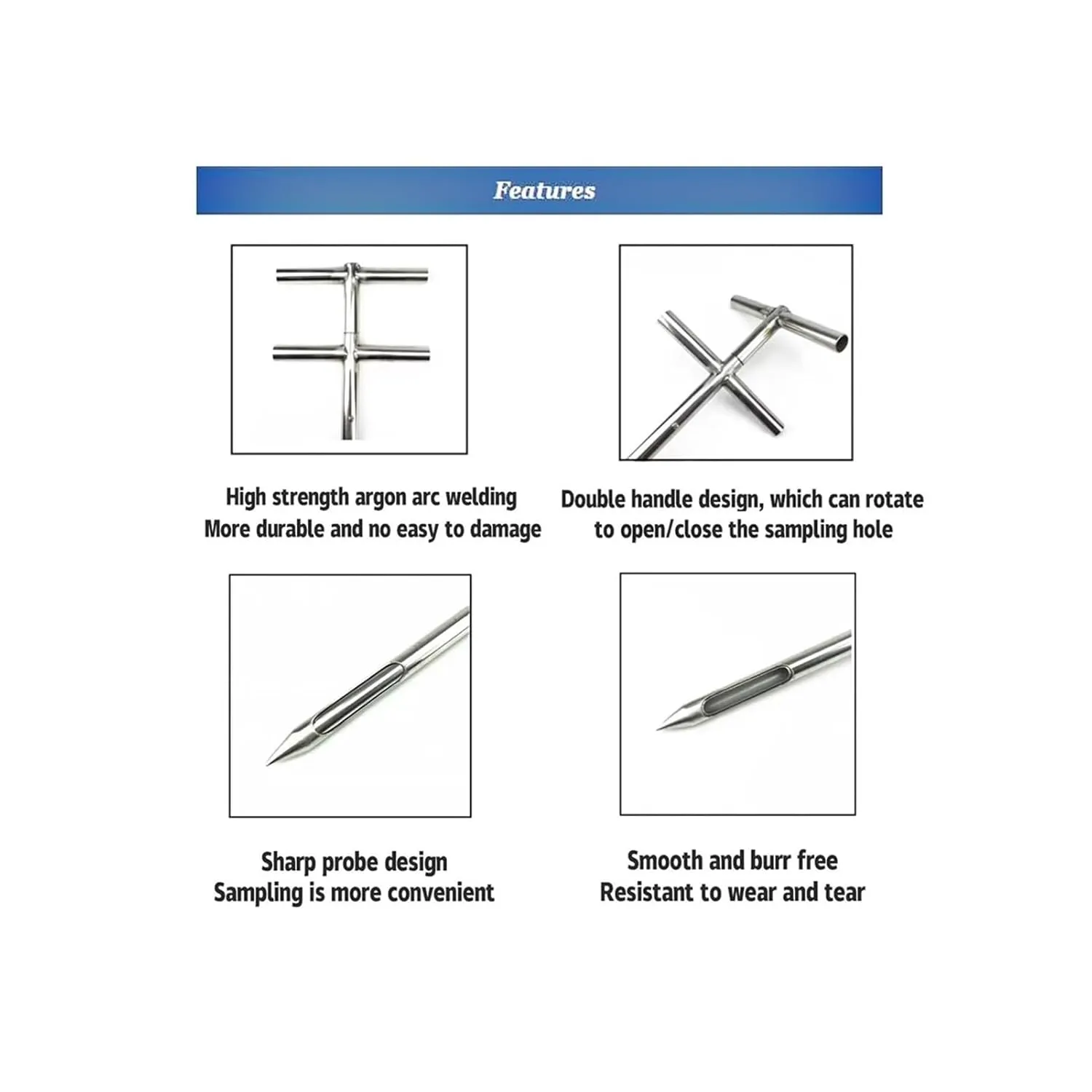 Soil Sampler Probe Double Tubes 304 Stainless Steel Grain Probe Sampler Probe Rotary Handle Granule Solid Sack Bag Sampling Thief (3 Slots, Section Sampler)(D38mm*L1.5m)