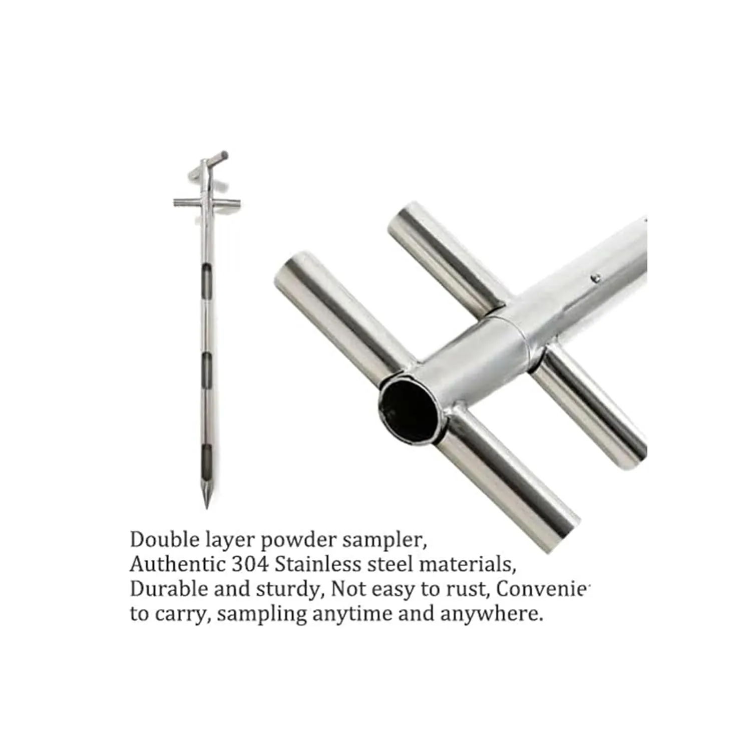 Soil Sampler Probe Double Tubes 304 Stainless Steel Grain Probe Sampler Probe Rotary Handle Granule Solid Sack Bag Sampling Thief (3 Slots, Section Sampler)(D38mm*L1.5m)