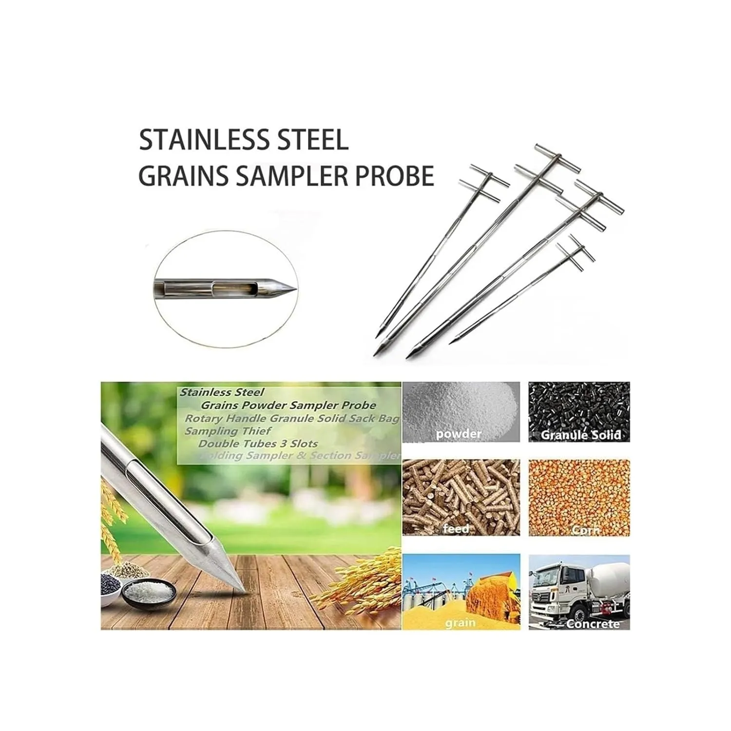 Soil Sampler Probe Double Tubes 304 Stainless Steel Grain Probe Sampler Probe Rotary Handle Granule Solid Sack Bag Sampling Thief (3 Slots, Section Sampler)(D38mm*L1.5m)