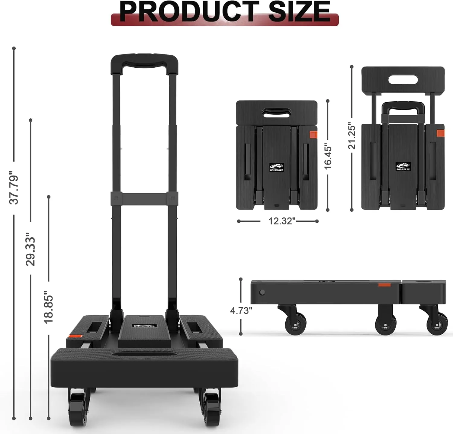 SOLEJAZZ Folding Hand Truck Portable Dolly Cart with Wheels Foldable 500LB Heavy Duty Luggage Cart Collapsible Hand Cart Moving Dolly for Airport Travel Furniture Luggage Office Moving, Black