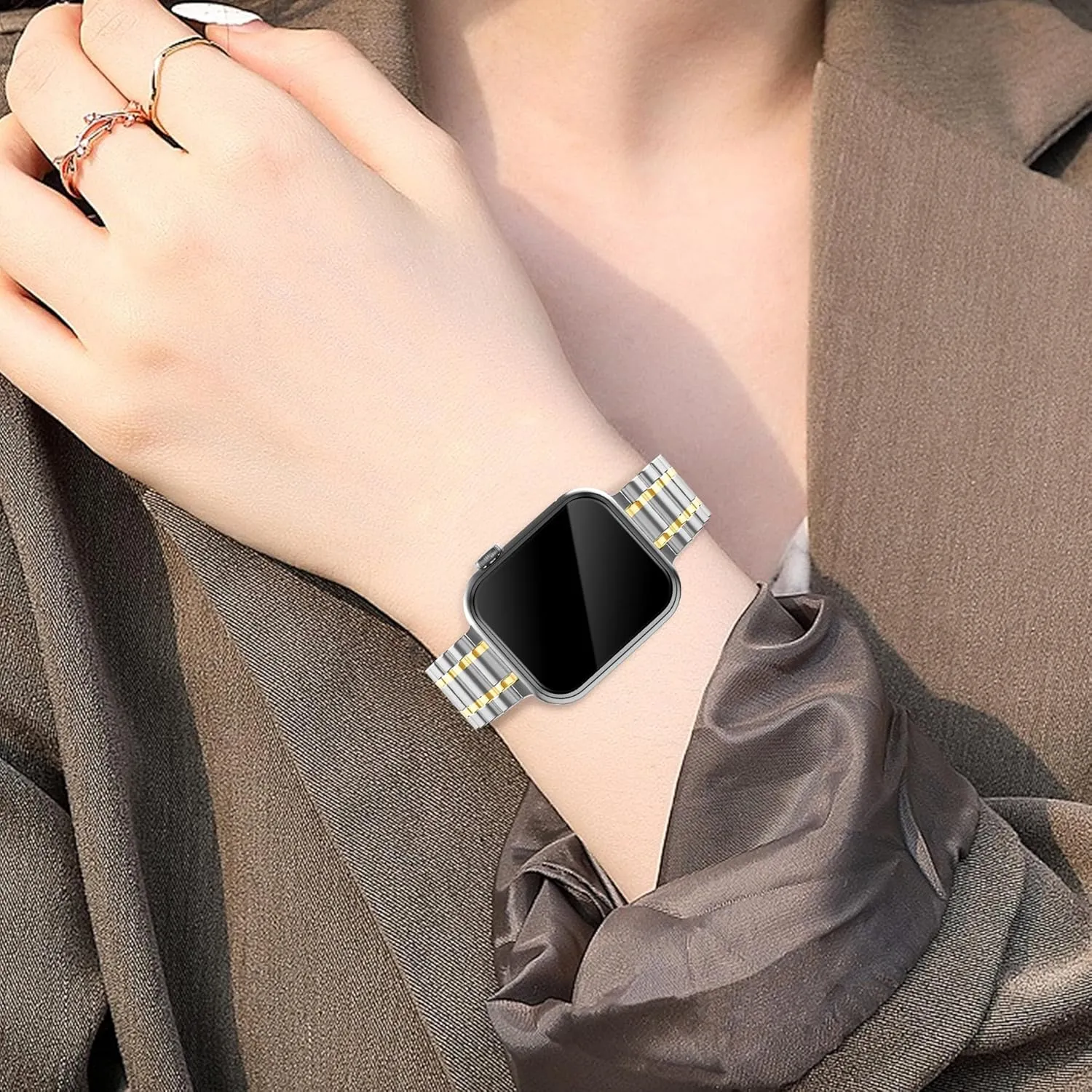 Solid Stainless Steel Band Compatible with Apple Watch 38mm 40mm 41mm 42mm 44mm 45mm, Bands with Screen Protector for iWatch Series 9/8/7/6/5/4/3/2/1/SE Women and Men