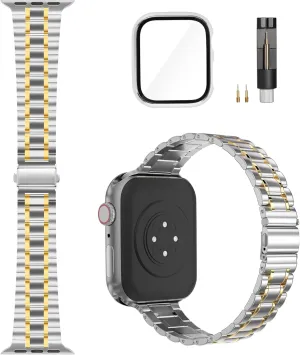 Solid Stainless Steel Band Compatible with Apple Watch 38mm 40mm 41mm 42mm 44mm 45mm, Bands with Screen Protector for iWatch Series 9/8/7/6/5/4/3/2/1/SE Women and Men