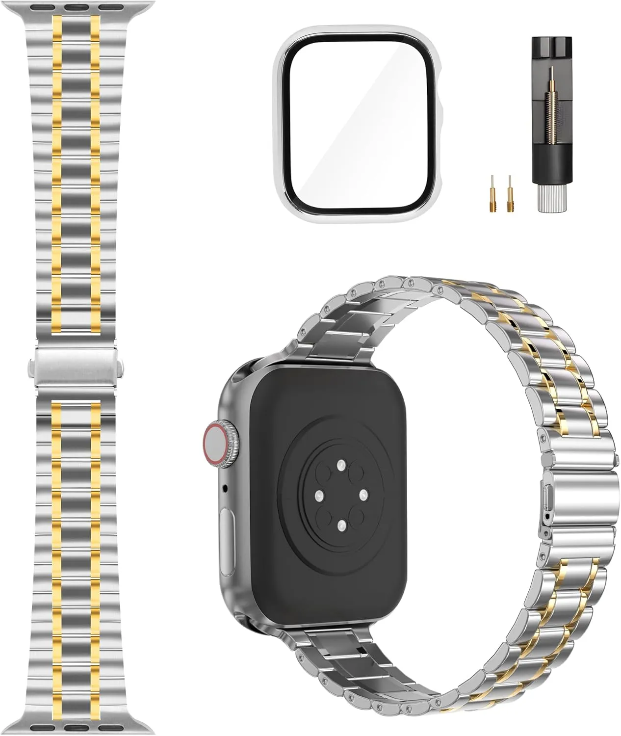 Solid Stainless Steel Band Compatible with Apple Watch 38mm 40mm 41mm 42mm 44mm 45mm, Bands with Screen Protector for iWatch Series 9/8/7/6/5/4/3/2/1/SE Women and Men