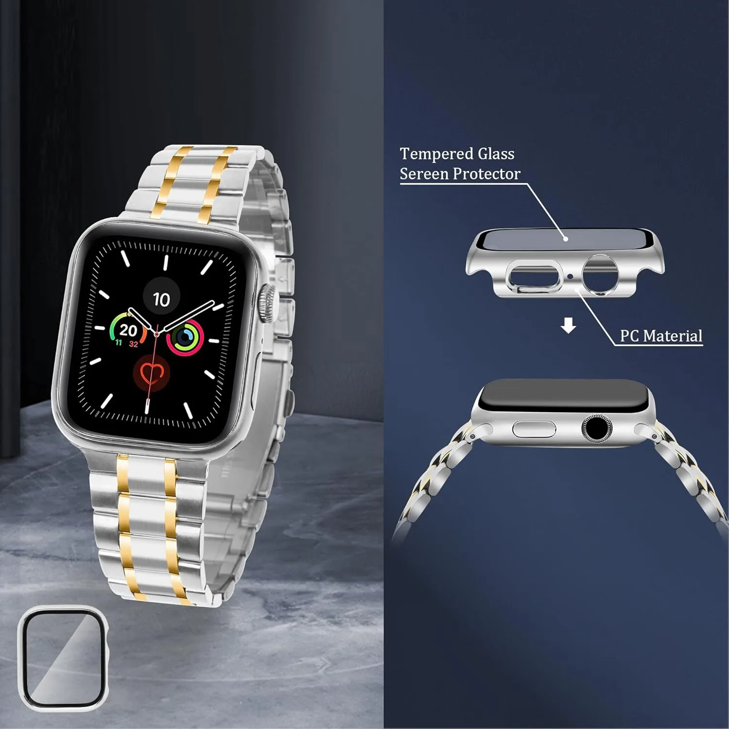 Solid Stainless Steel Band Compatible with Apple Watch 38mm 40mm 41mm 42mm 44mm 45mm, Bands with Screen Protector for iWatch Series 9/8/7/6/5/4/3/2/1/SE Women and Men