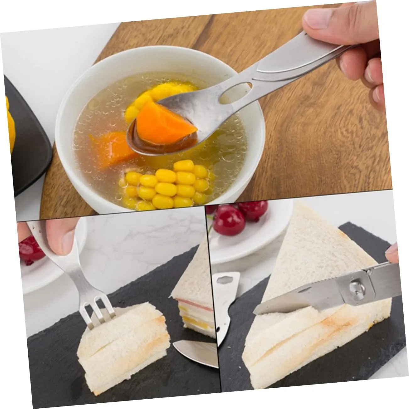 Sosoport 2pcs 3 1 Cutlery Combination Tool Fork Spoon Camping Silverware Set Meal Tool Utensil Sets for Lunch Outdoor Utensil